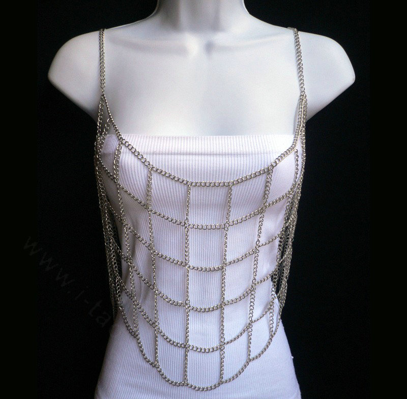 Luxury Full Mesh Body Chain Beach Bikini Decro Harness Slave Halter Necklace - Sliver