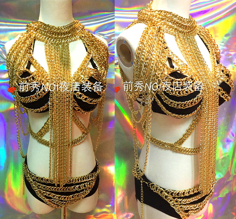 Luxury Metal Full Body Chain Nightclub Showgirl Sexy Halter Bra Lingerie Tassel Necklace Jewelry - Gold
