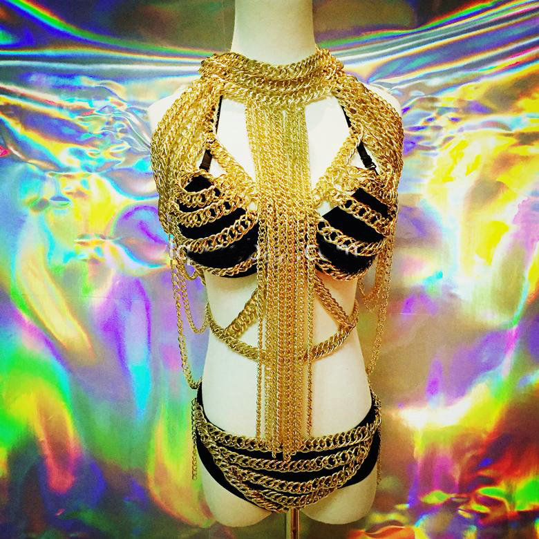 Luxury Metal Full Body Chain Nightclub Showgirl Sexy Halter Bra Lingerie Tassel Necklace Jewelry - Gold