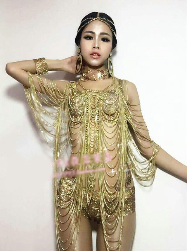 Luxury Multilayer Full Body Chain Nightclub Showgirl Tassel Long Shoulder Necklace Jewelry - Gold