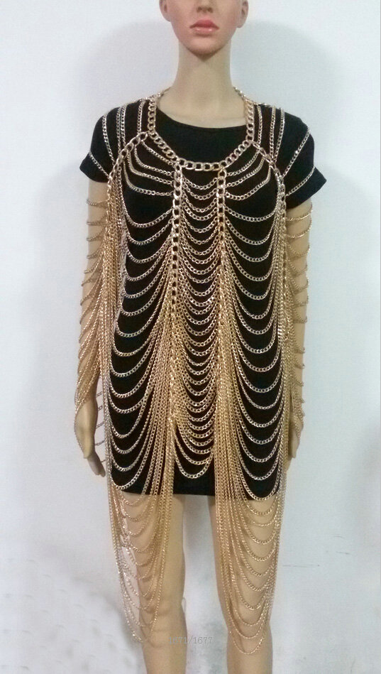 Luxury Multilayer Full Body Chain Nightclub Showgirl Tassel Long Shoulder Necklace Jewelry - Gun black