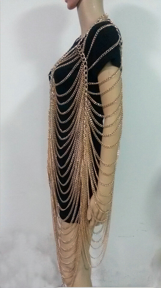 Luxury Multilayer Full Body Chain Nightclub Showgirl Tassel Long Shoulder Necklace Jewelry - Gun black
