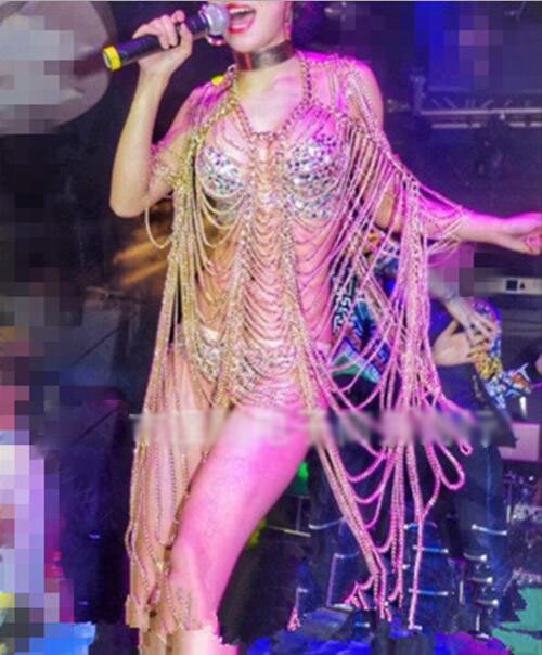 Luxury Multilayer Full Body Chain Nightclub Showgirl Tassel Long Shoulder Necklace Jewelry - Sliver