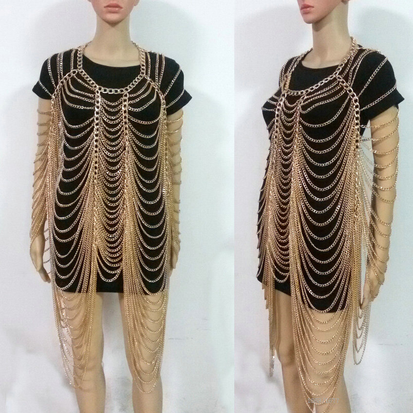 Luxury Multilayer Full Body Chain Nightclub Showgirl Tassel Long Shoulder Necklace Jewelry - Sliver