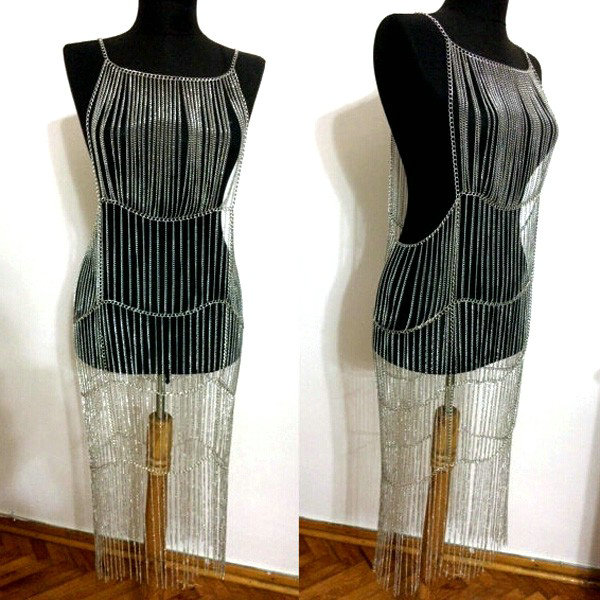 Luxury New Full Body Chain Long Tassel Metal Necklaces Showgirl Dress Decro Jewelry - Gun black