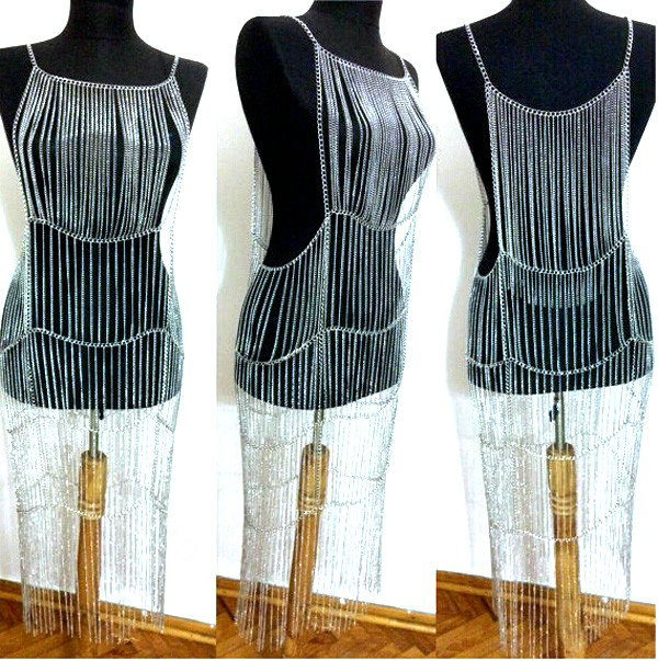 Luxury New Full Body Chain Long Tassel Metal Necklaces Showgirl Dress Decro Jewelry - Sliver