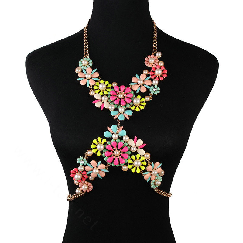 Luxury Pearls Flower Pendant Bib Necklace Bikini Beach Dress Decro Body Chain Jewelry - Multicolour