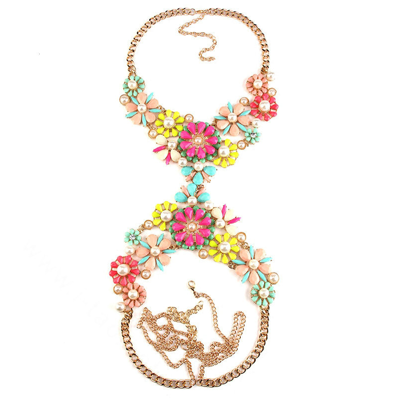 Luxury Pearls Flower Pendant Bib Necklace Bikini Beach Dress Decro Body Chain Jewelry - Multicolour