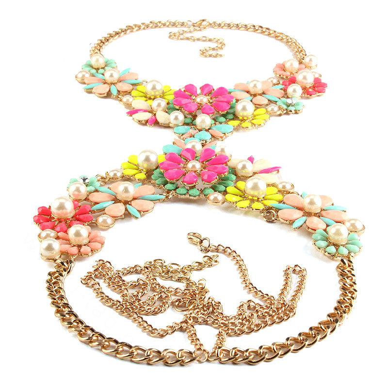 Luxury Pearls Flower Pendant Bib Necklace Bikini Beach Dress Decro Body Chain Jewelry - Multicolour
