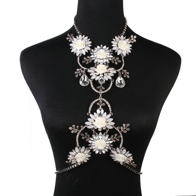 Luxury Rhinestone Flower Belly Body Chain Bikini Showgirl Decro Pendant Necklace Jewelry - White
