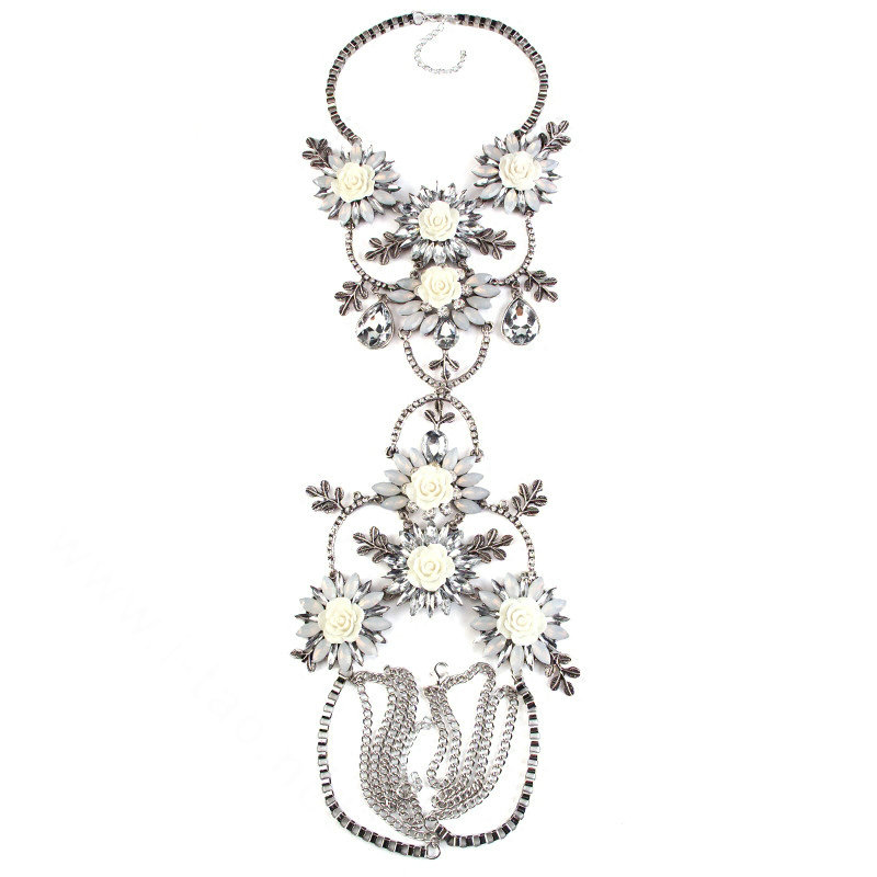 Luxury Rhinestone Flower Belly Body Chain Bikini Showgirl Decro Pendant Necklace Jewelry - White