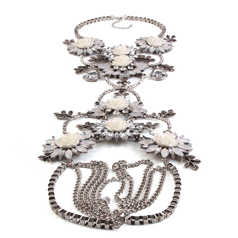 Luxury Rhinestone Flower Belly Body Chain Bikini Showgirl Decro Pendant Necklace Jewelry - White