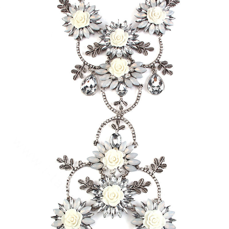 Luxury Rhinestone Flower Belly Body Chain Bikini Showgirl Decro Pendant Necklace Jewelry - White