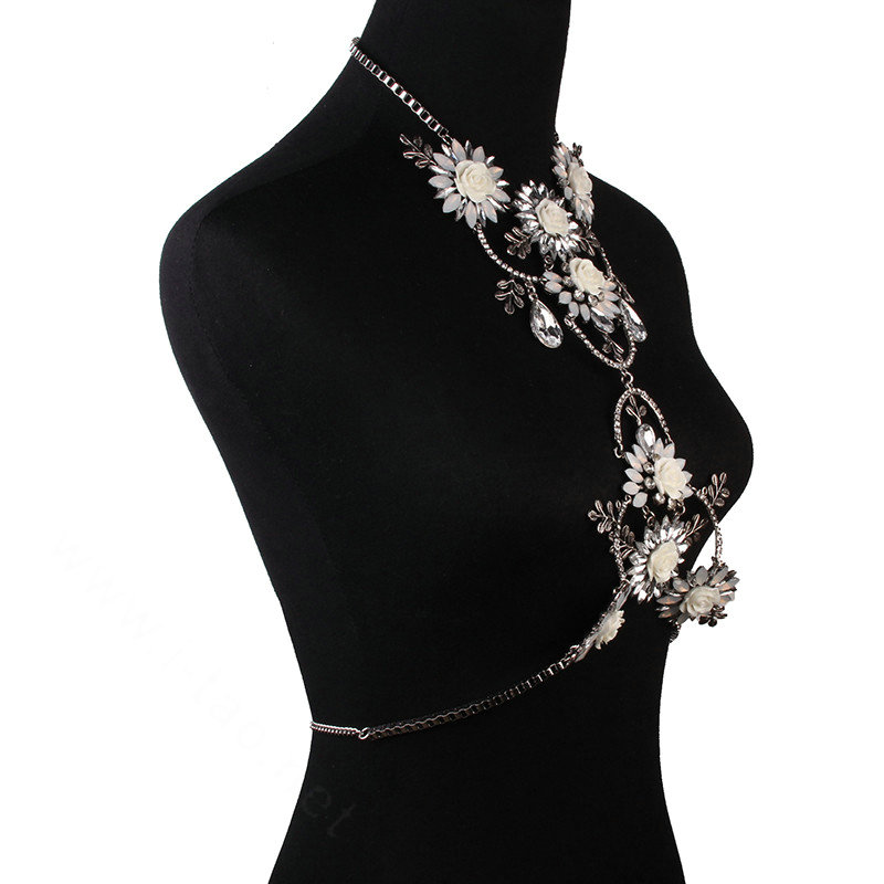 Luxury Rhinestone Flower Belly Body Chain Bikini Showgirl Decro Pendant Necklace Jewelry - White