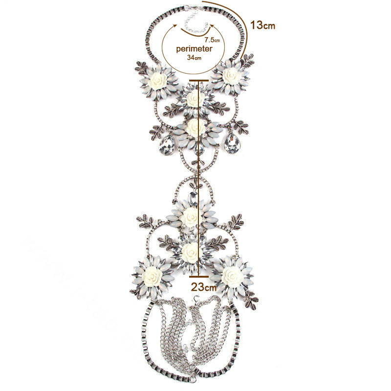 Luxury Rhinestone Flower Belly Body Chain Bikini Showgirl Decro Pendant Necklace Jewelry - White