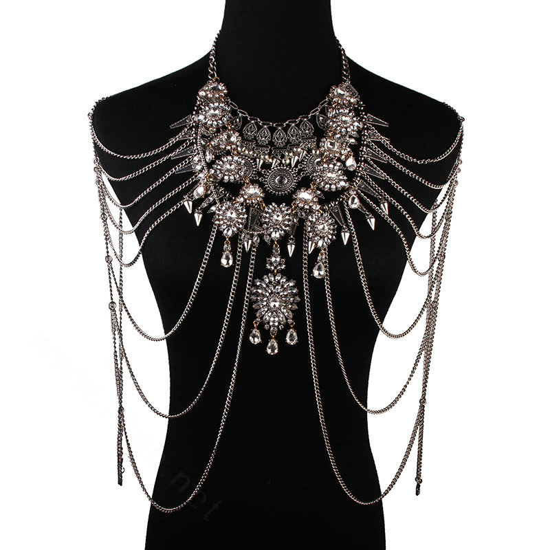 Luxury Rhinestone Flower Belly Body Chain Bikini Showgirl Multilayer Pendant Necklace Jewelry - White