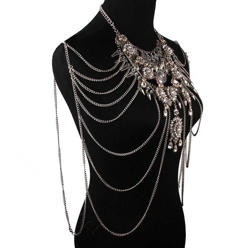 Luxury Rhinestone Flower Belly Body Chain Bikini Showgirl Multilayer Pendant Necklace Jewelry - White