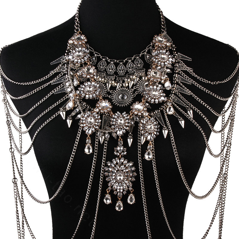 Luxury Rhinestone Flower Belly Body Chain Bikini Showgirl Multilayer Pendant Necklace Jewelry - White