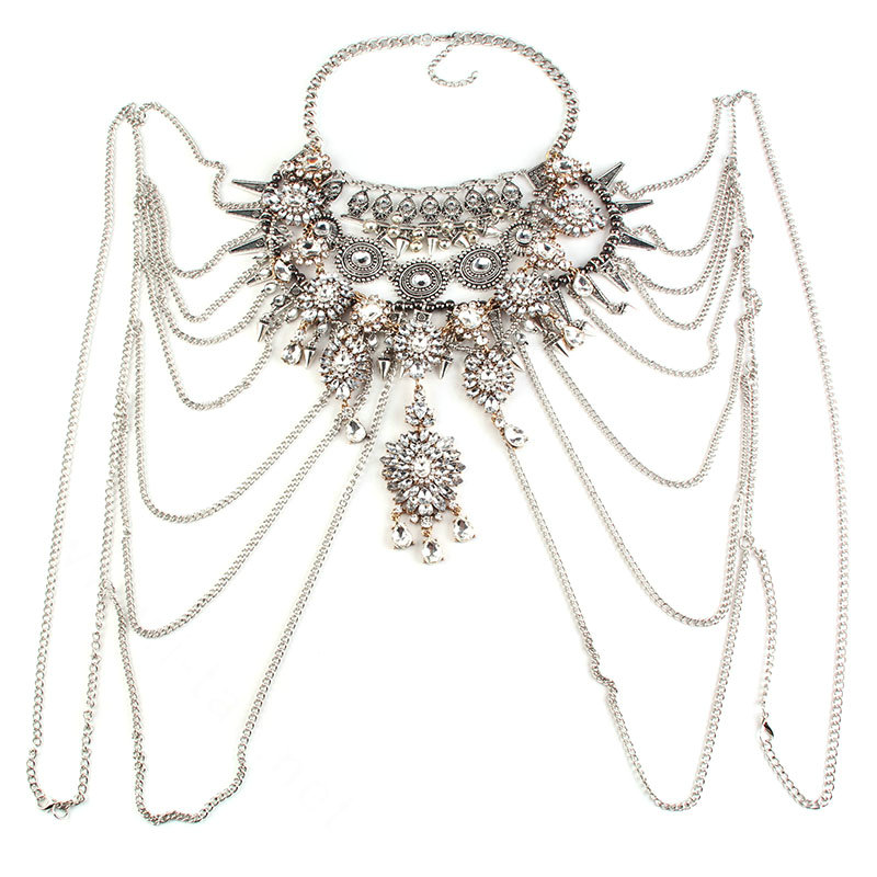 Luxury Rhinestone Flower Belly Body Chain Bikini Showgirl Multilayer Pendant Necklace Jewelry - White