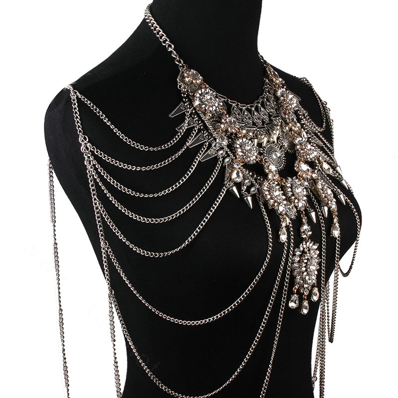 Luxury Rhinestone Flower Belly Body Chain Bikini Showgirl Multilayer Pendant Necklace Jewelry - White
