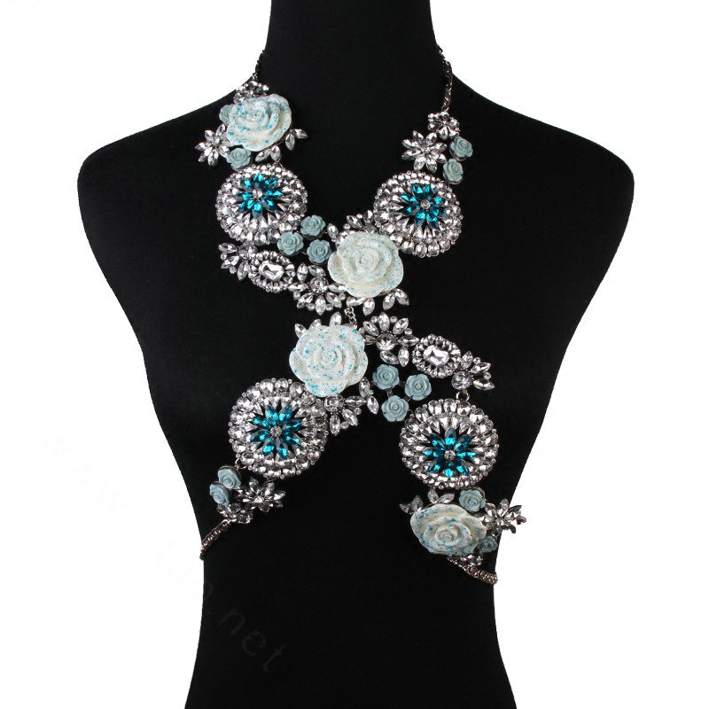 Luxury Rhinestone Flower Pendant Bib Necklace Bikini Beach Dress Decro Body Chain Jewelry - Blue