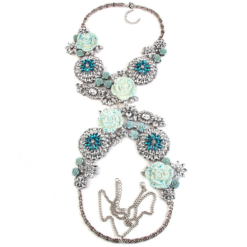 Luxury Rhinestone Flower Pendant Bib Necklace Bikini Beach Dress Decro Body Chain Jewelry - Blue