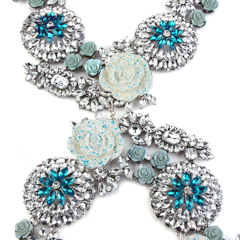 Luxury Rhinestone Flower Pendant Bib Necklace Bikini Beach Dress Decro Body Chain Jewelry - Blue