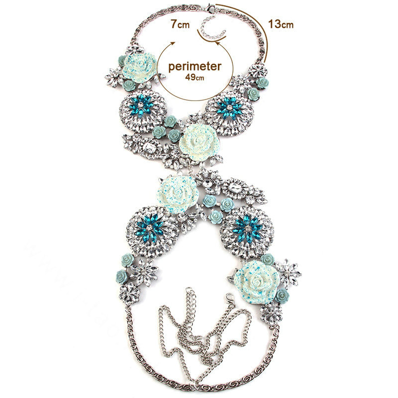 Luxury Rhinestone Flower Pendant Bib Necklace Bikini Beach Dress Decro Body Chain Jewelry - Blue
