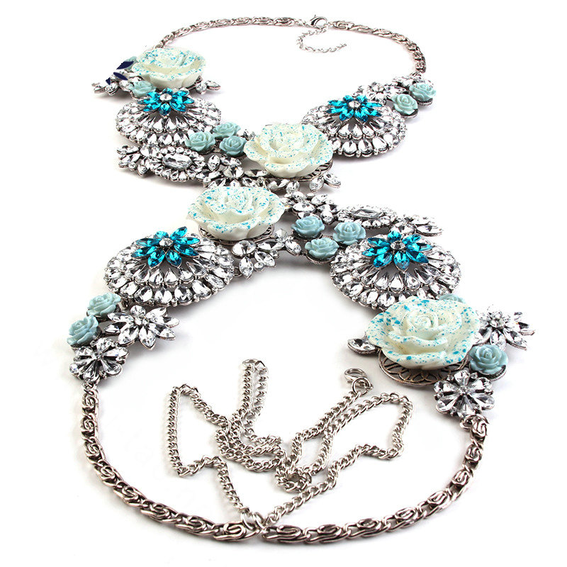 Luxury Rhinestone Flower Pendant Bib Necklace Bikini Beach Dress Decro Body Chain Jewelry - Blue