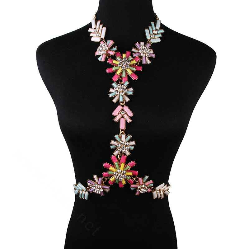 Luxury Rhinestone Flower Pendant Bib Necklace Bikini Beach Dress Decro Body Chain Jewelry - Colour