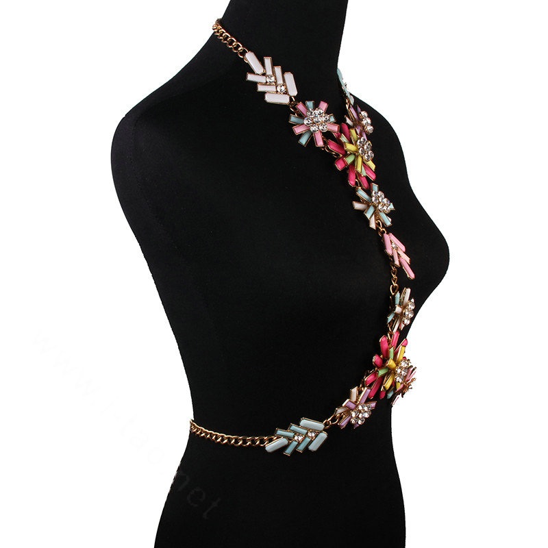 Luxury Rhinestone Flower Pendant Bib Necklace Bikini Beach Dress Decro Body Chain Jewelry - Colour
