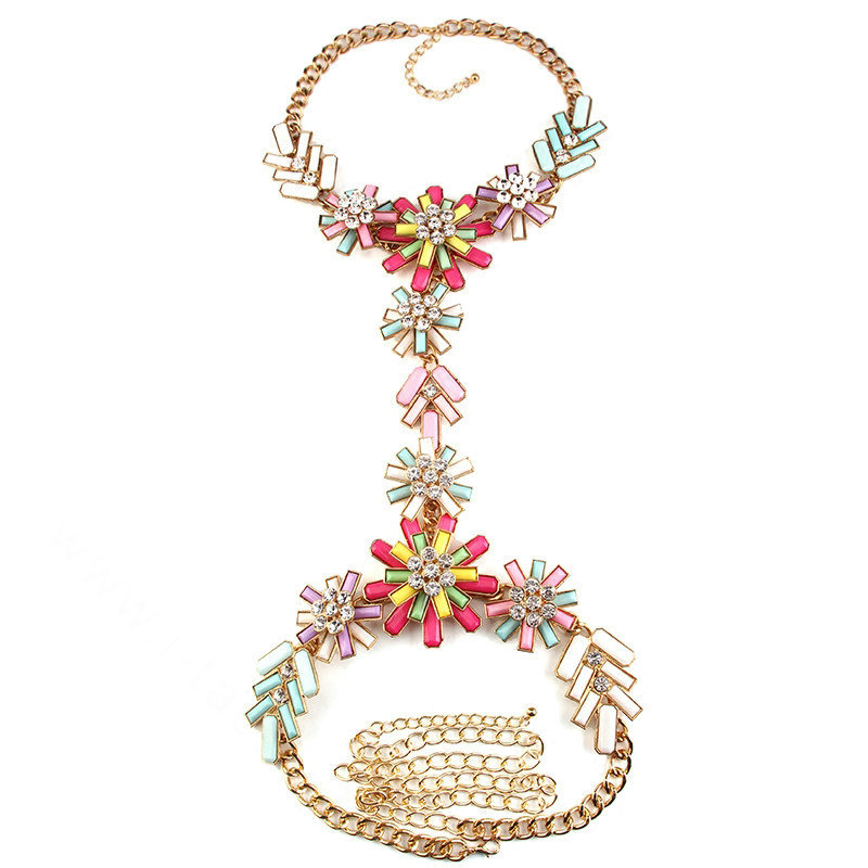 Luxury Rhinestone Flower Pendant Bib Necklace Bikini Beach Dress Decro Body Chain Jewelry - Colour