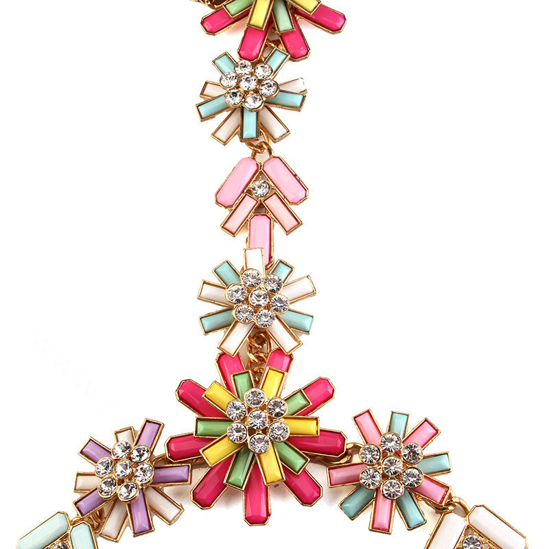 Luxury Rhinestone Flower Pendant Bib Necklace Bikini Beach Dress Decro Body Chain Jewelry - Colour