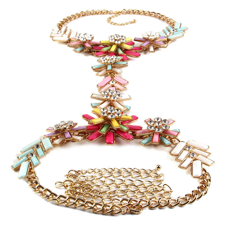 Luxury Rhinestone Flower Pendant Bib Necklace Bikini Beach Dress Decro Body Chain Jewelry - Colour