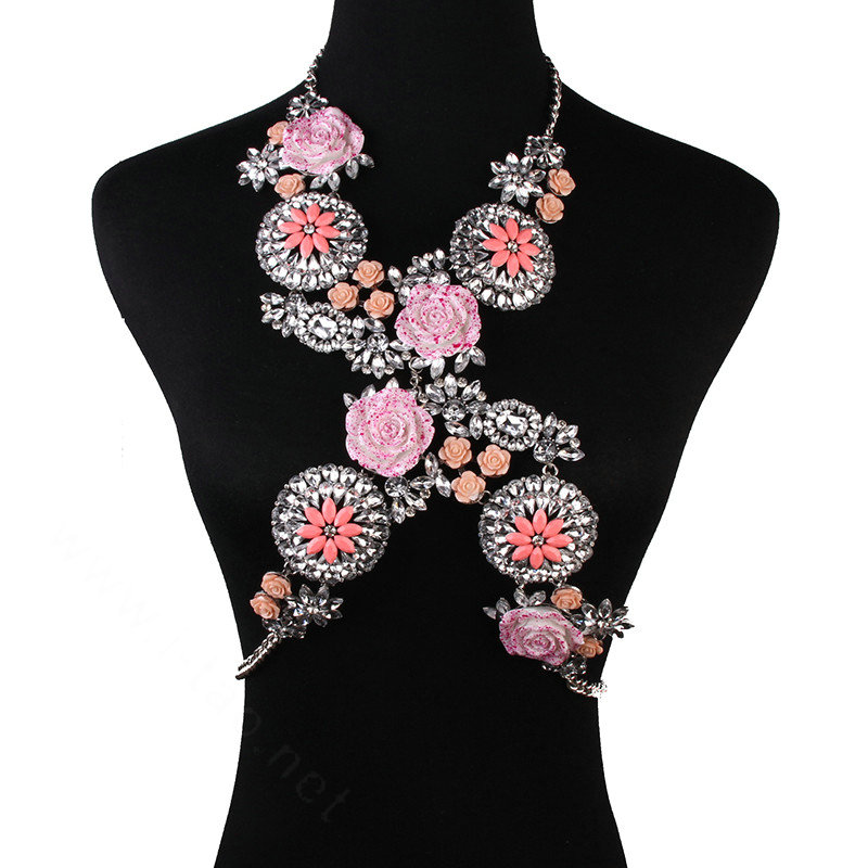 Luxury Rhinestone Flower Pendant Bib Necklace Bikini Beach Dress Decro Body Chain Jewelry - Pink