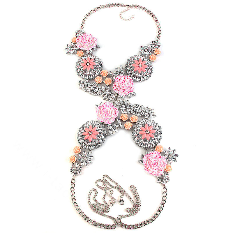 Luxury Rhinestone Flower Pendant Bib Necklace Bikini Beach Dress Decro Body Chain Jewelry - Pink