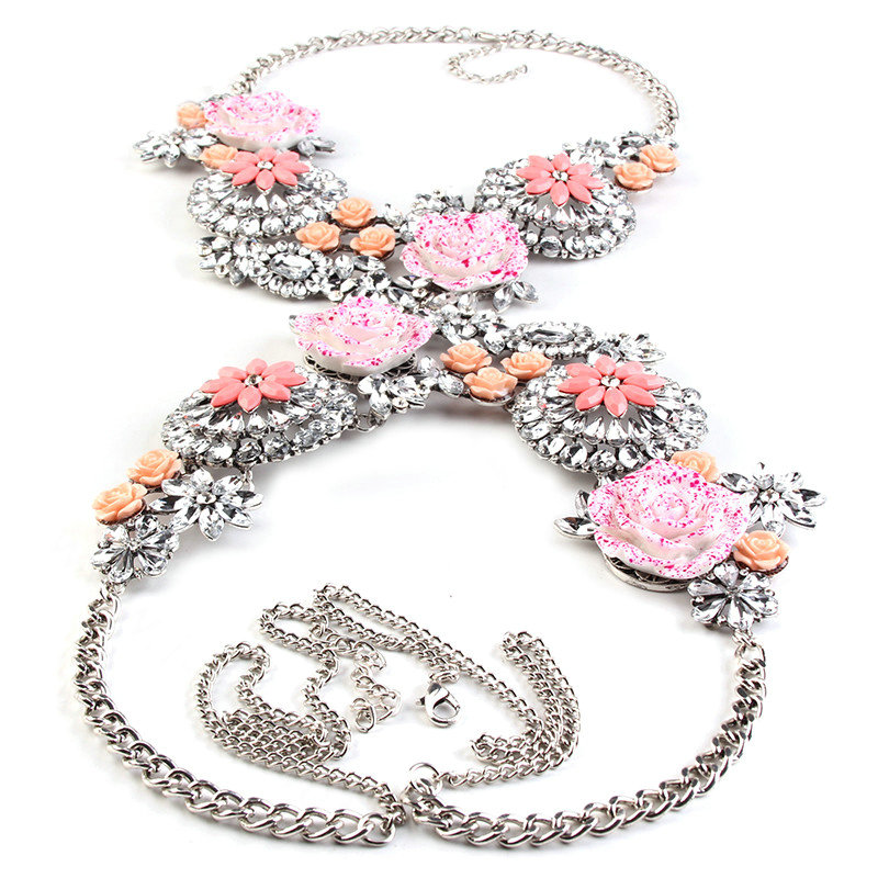 Luxury Rhinestone Flower Pendant Bib Necklace Bikini Beach Dress Decro Body Chain Jewelry - Pink