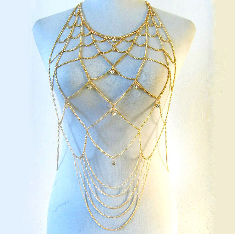 Multilayer Rhinestone Body Chain Punk Dinner Party Long Mesh Necklace Jewelry - Gold