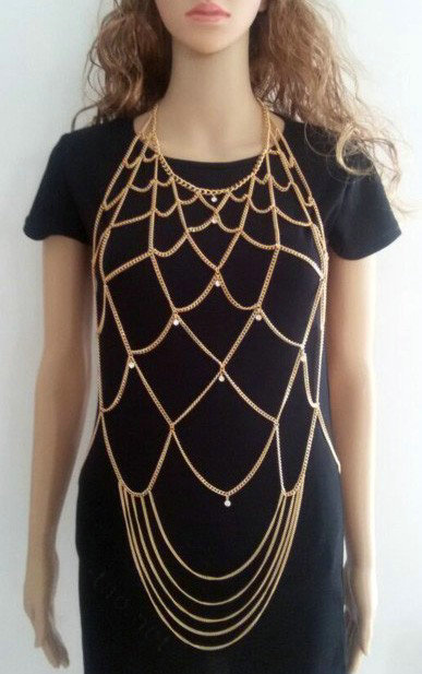Multilayer Rhinestone Body Chain Punk Dinner Party Long Mesh Necklace Jewelry - Gold