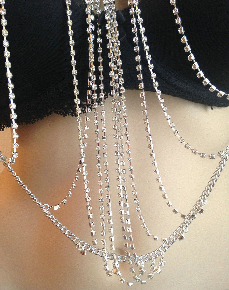 Multilayer Rhinestone Body Chain Punk Dinner Party Long Pendant Necklace Jewelry - Sliver
