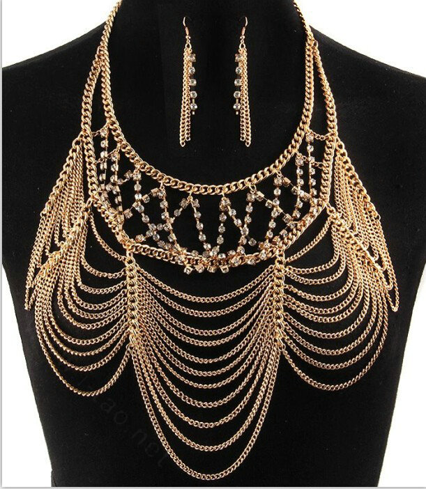 Multilayer Rhinestone Body Chain Punk Dinner Party Long Tassel Necklace Jewelry - Gold
