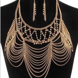 Multilayer Rhinestone Body Chain Punk Dinner Party Long Tassel Necklace Jewelry - Gold