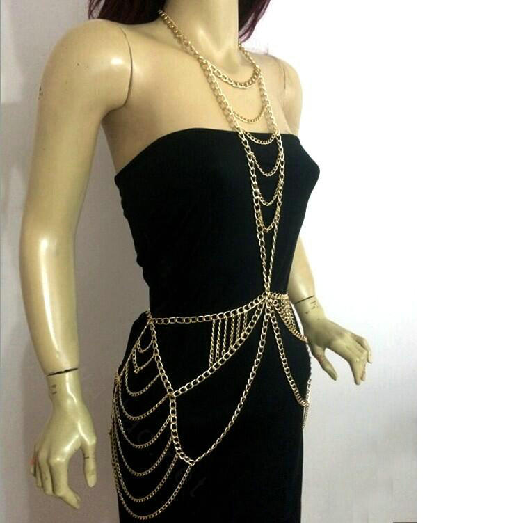 New Crossover Body Chain Alloy Necklaces & Pendants Sexy Dress Decro Jewelry - Gold