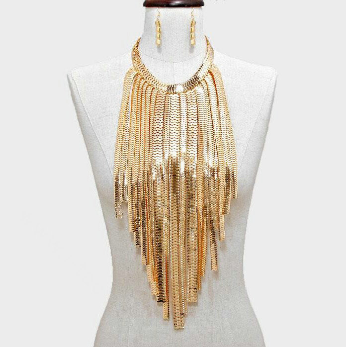New Designer Long Tassel Choker Necklace Showgirl Punk Dress Decor Jewelry - Gold