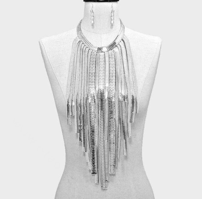 New Designer Long Tassel Choker Necklace Showgirl Punk Dress Decor Jewelry - Sliver