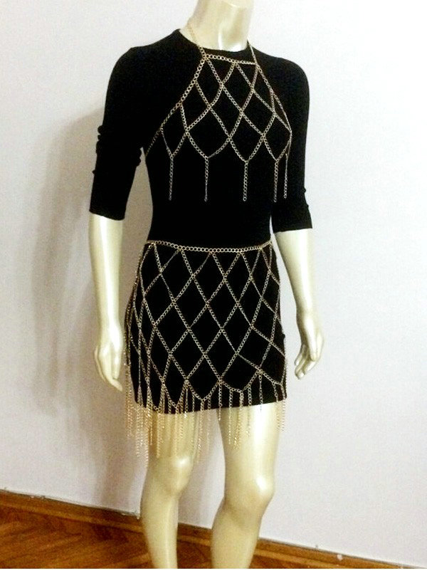 New Mesh Full Body Chain Long Metal Necklaces Bikini Waist Belly Dress Decro Jewelry - Gun black