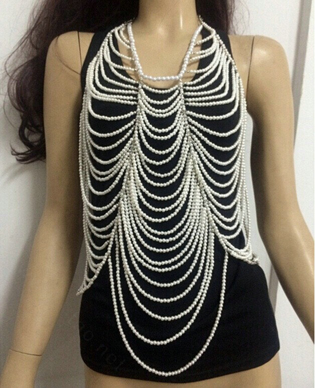 New Pearls Full Body Chain Necklace Nightclub Showgirl Halter Bra Lingerie Jewelry - White