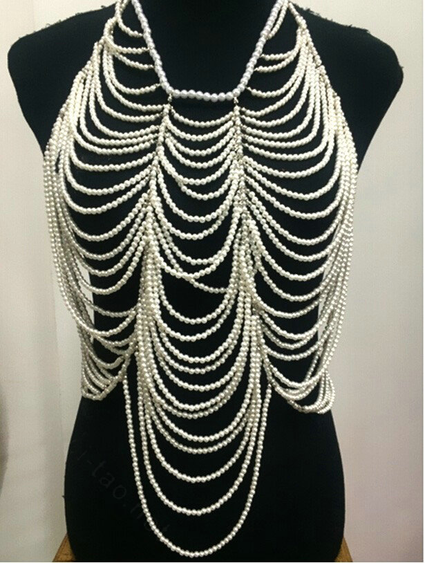 New Pearls Full Body Chain Necklace Nightclub Showgirl Halter Bra Lingerie Jewelry - White