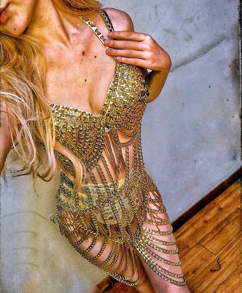 Newest Full Body Chain Nightclub Showgirl Sexy Halter Bra Lingerie Long Necklace Jewelry - Gold
