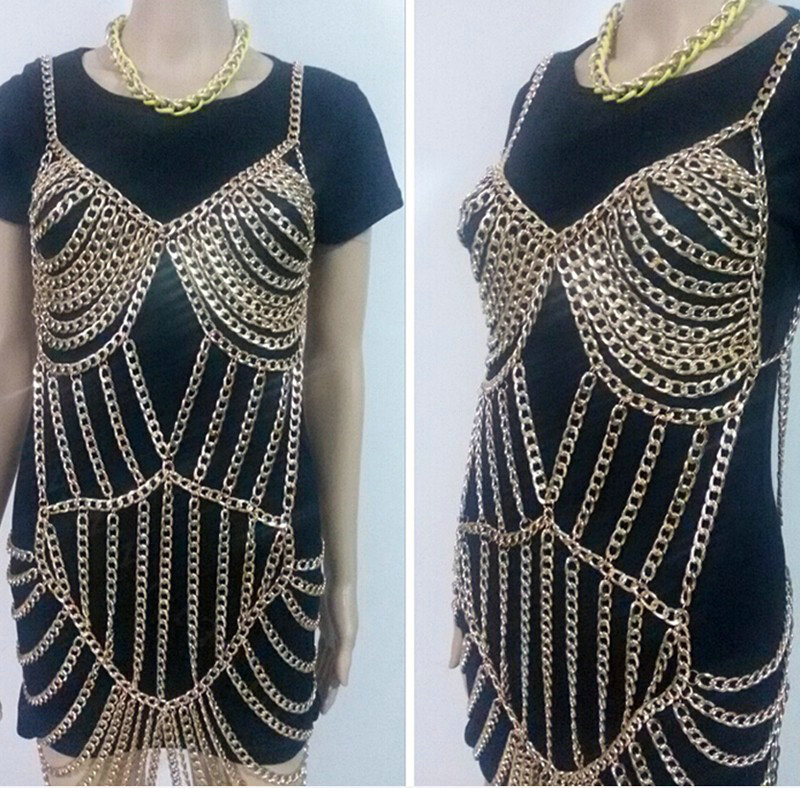 Newest Full Body Chain Nightclub Showgirl Sexy Halter Bra Lingerie Long Necklace Jewelry - Sliver